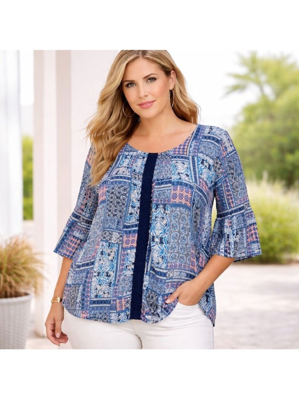 Cato Bohemian Top Blouse 3/4 Sleeves Womens 22 24 Lace Gypsy Blue Tunic Casual